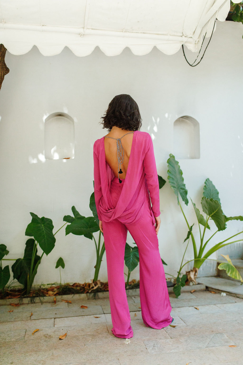 Magenta Plunge Back Top With Handcrafted Tie-Ups