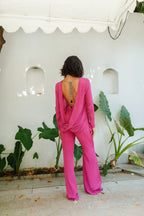 Magenta Plunge Back Top With Handcrafted Tie-Ups