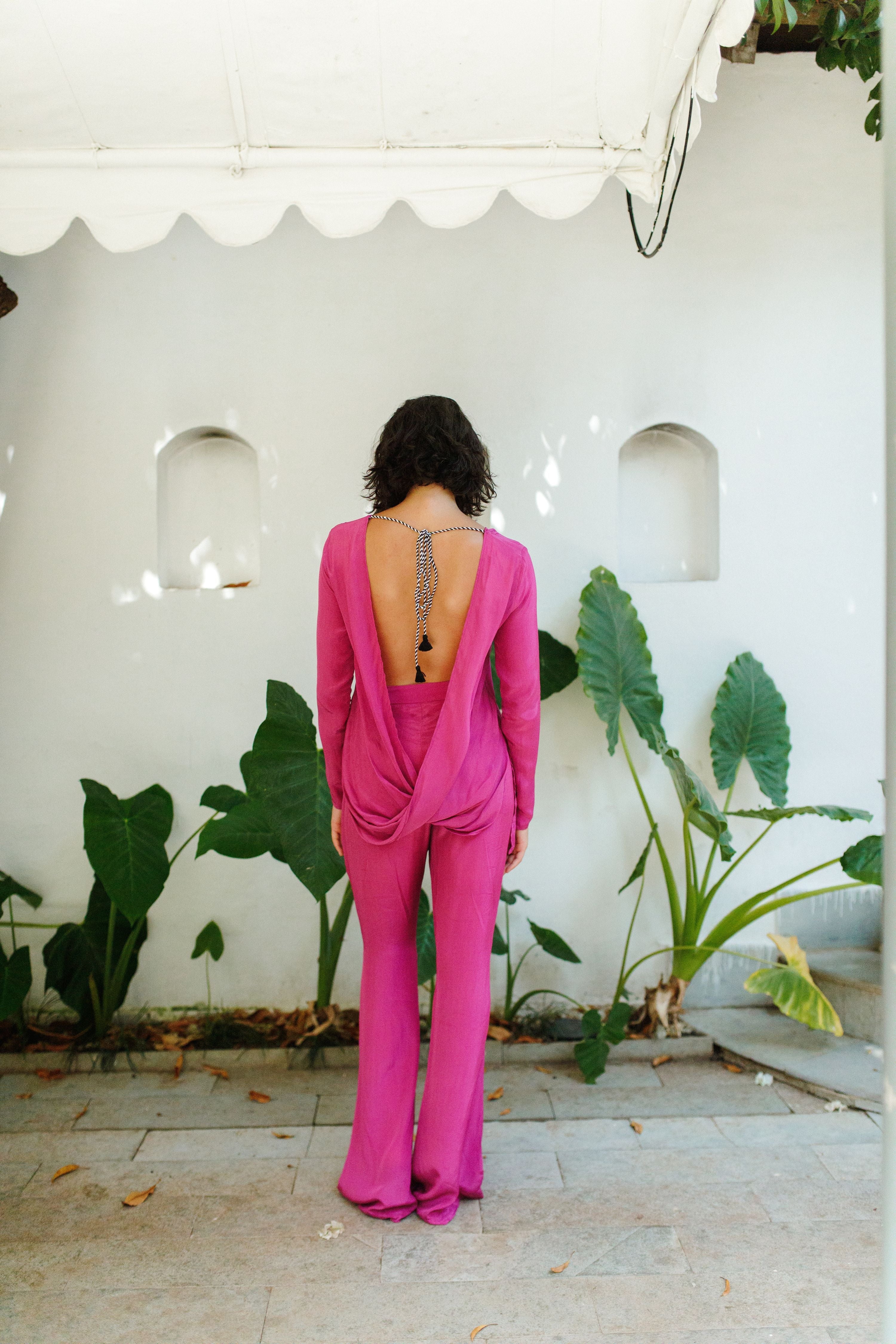 Magenta Plunge Back Top With Handcrafted Tie-Ups
