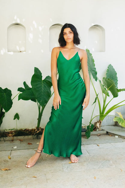 Emerald Green Satin Slip Dress With Handcrafted Straps