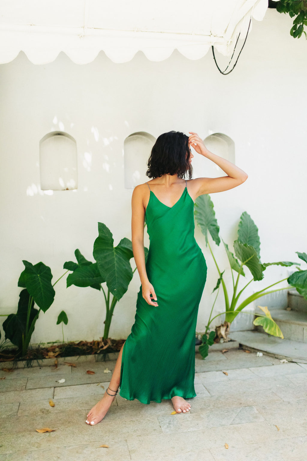 Emerald Green Satin Slip Dress With Handcrafted Straps