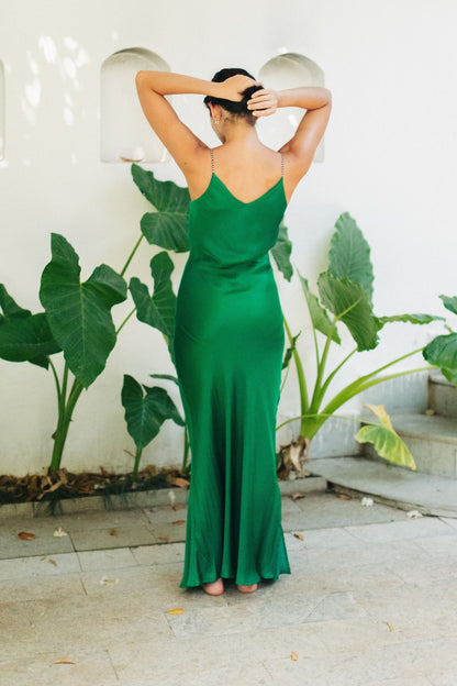 Emerald Green Satin Slip Dress With Handcrafted Straps