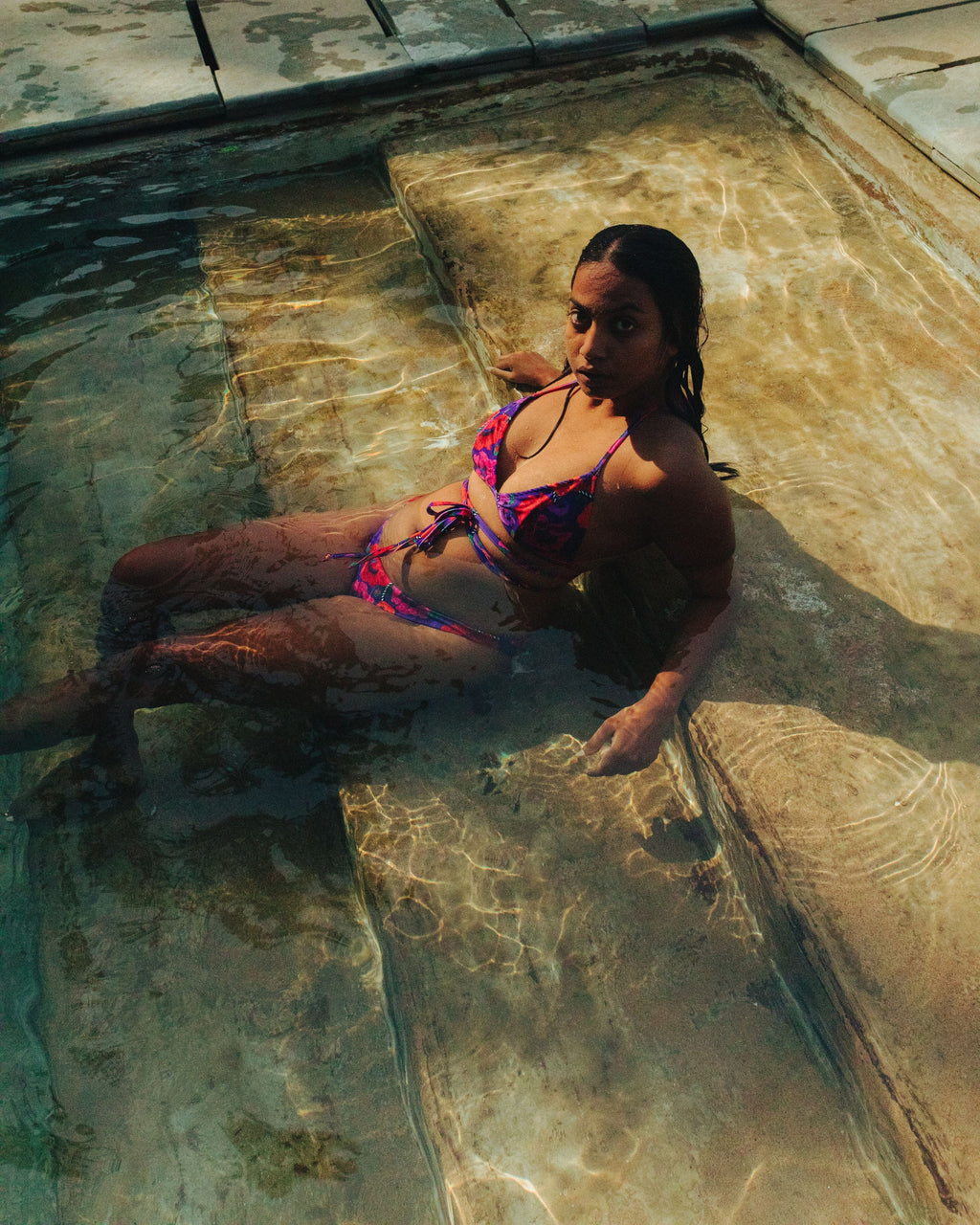 Oriental Poppy Triangle Bikini Top with Wrap Around String