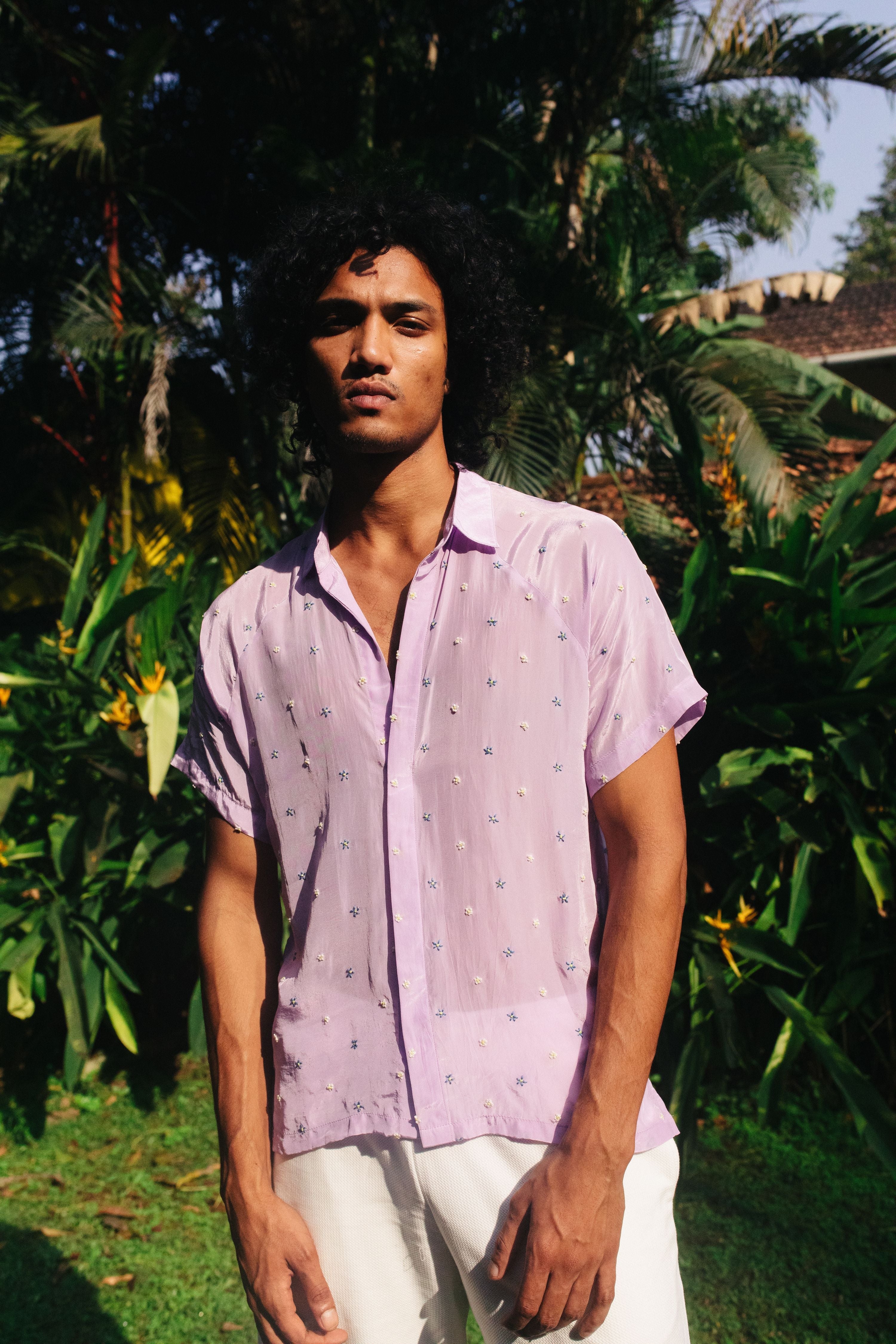 Lavender  Shirt With Hand Embroidery