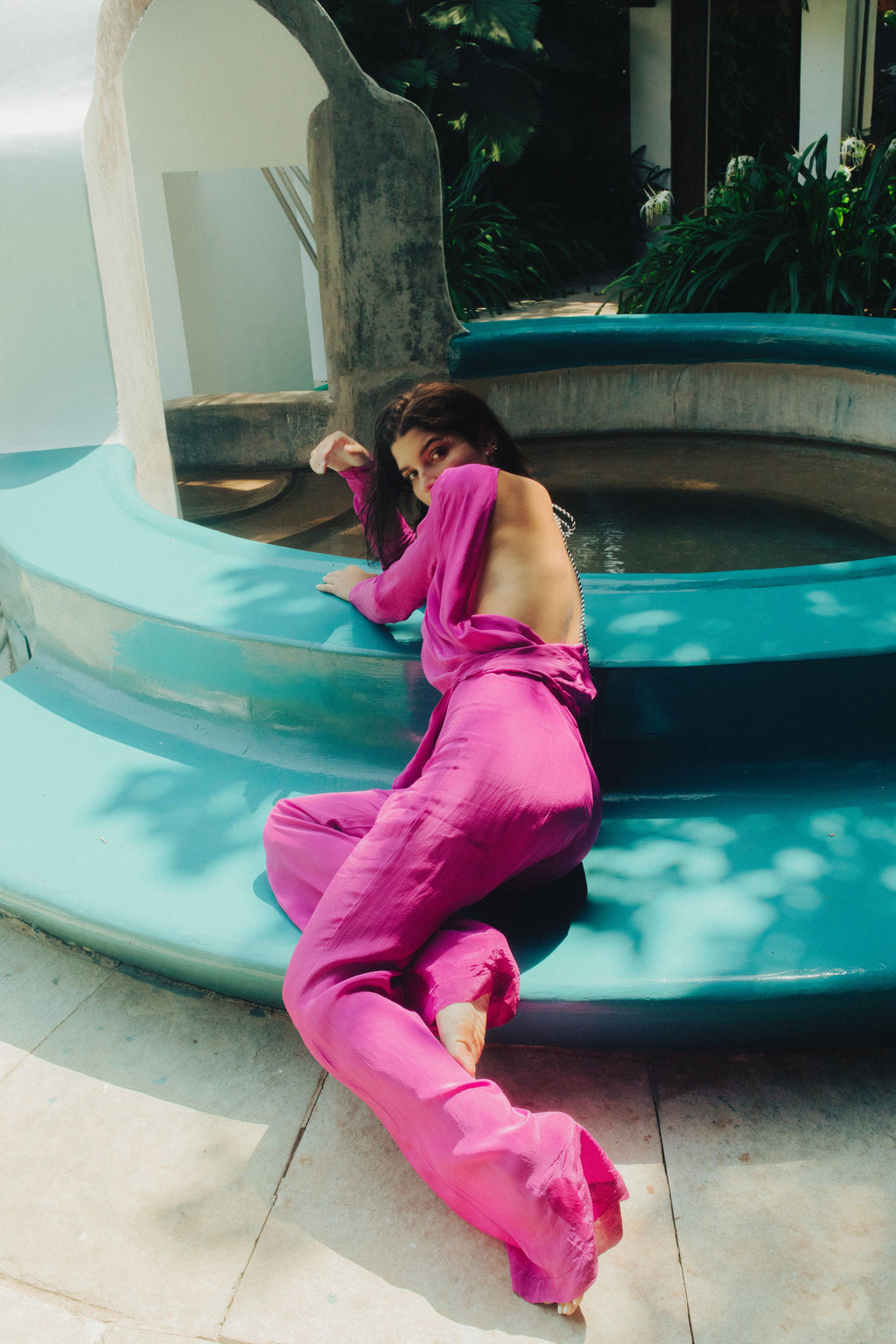 Magenta Plunge Back Top With Handcrafted Tie-Ups