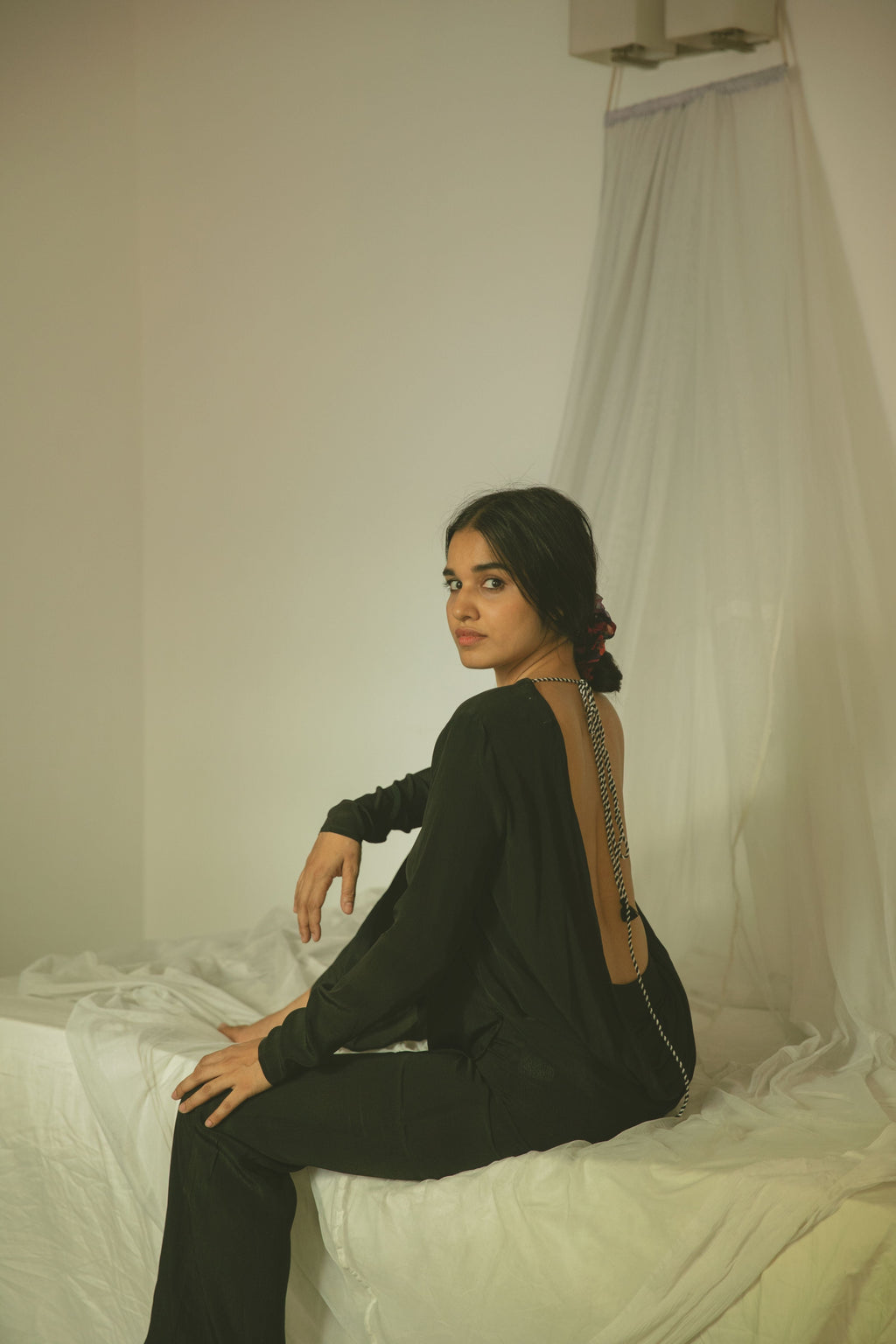 Black Plunge Back Top With Handcrafted Tie-Ups