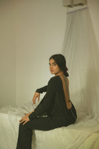 Black Plunge Back Top With Handcrafted Tie-Ups