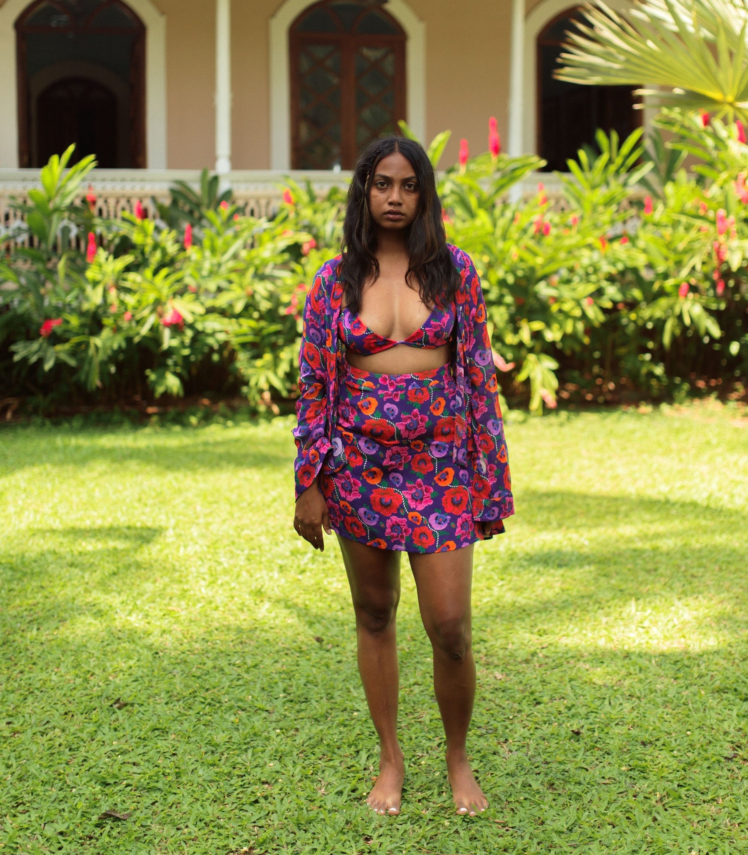 Oriental Poppy High Waist A-Line Skirt With Inner Shorts